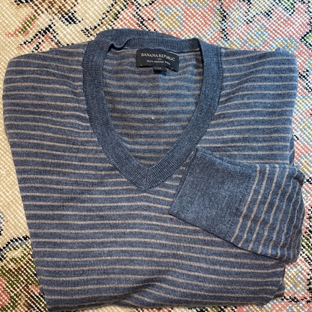 Mens Banana Republic 100% Merino Wool Striped sweater👽Medium EUC! Thin & SOFT🎄